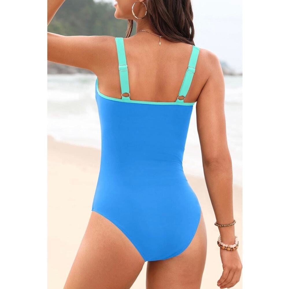 Yonique Women Blue One Piece Swimsuit Tummy Control Ruched V Neck Swimwear M - Picture 3 of 8